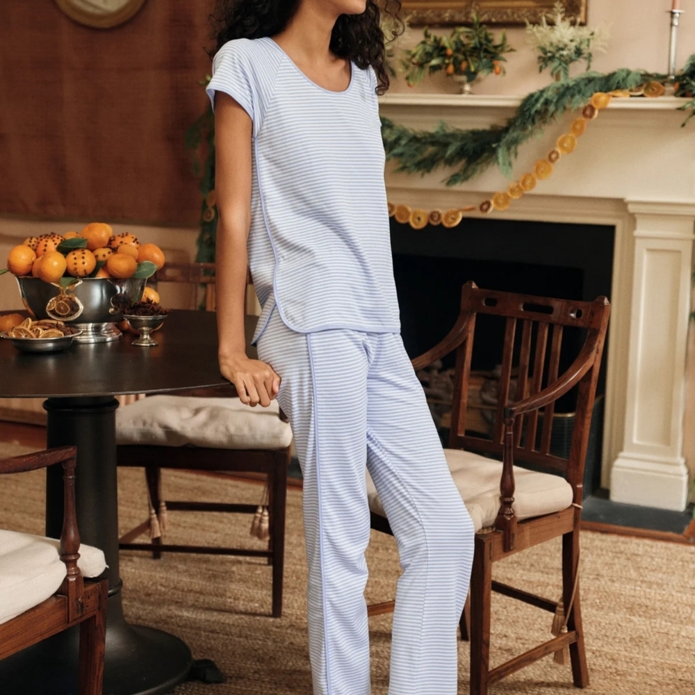 LAKE Pima Pajamas Short Sleeve/long Pants Set. In SMALL TALL. Color HARBOR